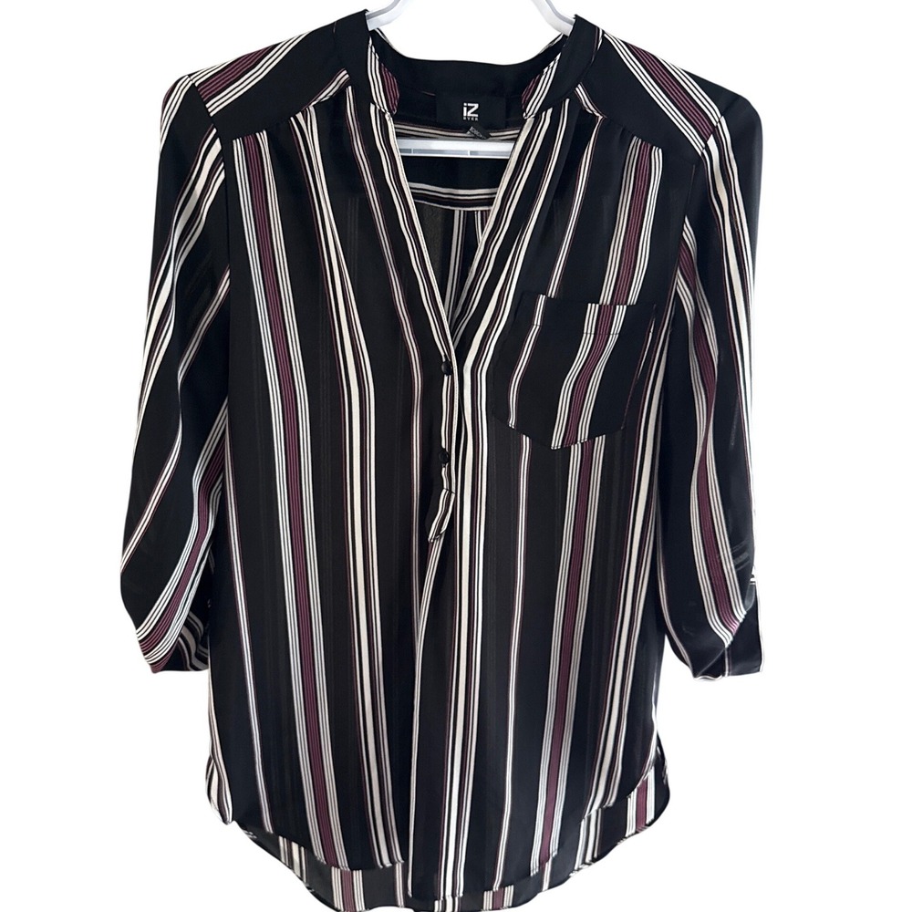 IZ Byer Womens Black White Burgundy Striped Roll Tab Sleeve Blouse M